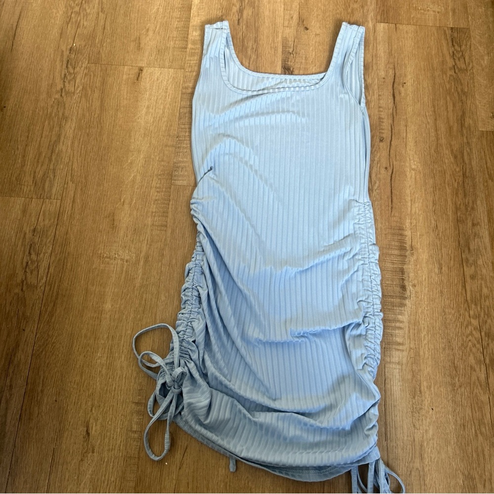 Light Blue Ribbed SHEIN Tank Dress with Side Drawstrings